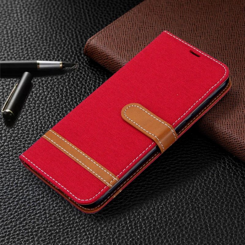 Leren Hoesje Samsung Galaxy M11 Grijs Zwart Stof En Leereffect Met String
