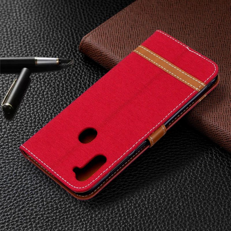 Leren Hoesje Samsung Galaxy M11 Grijs Zwart Stof En Leereffect Met String