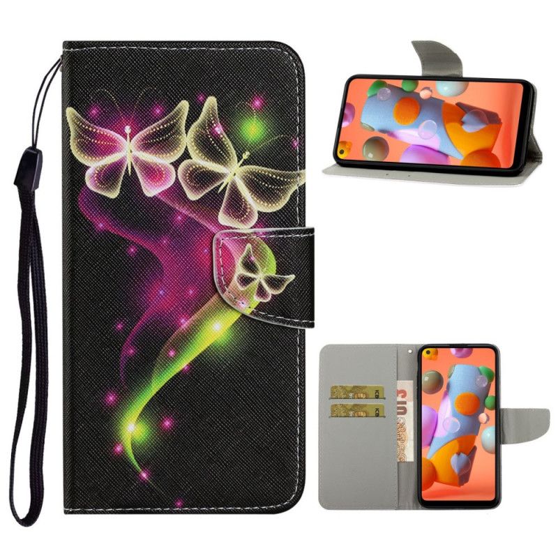 Leren Hoesje Samsung Galaxy M11 Lichtblauw Magenta Magische Vlinders