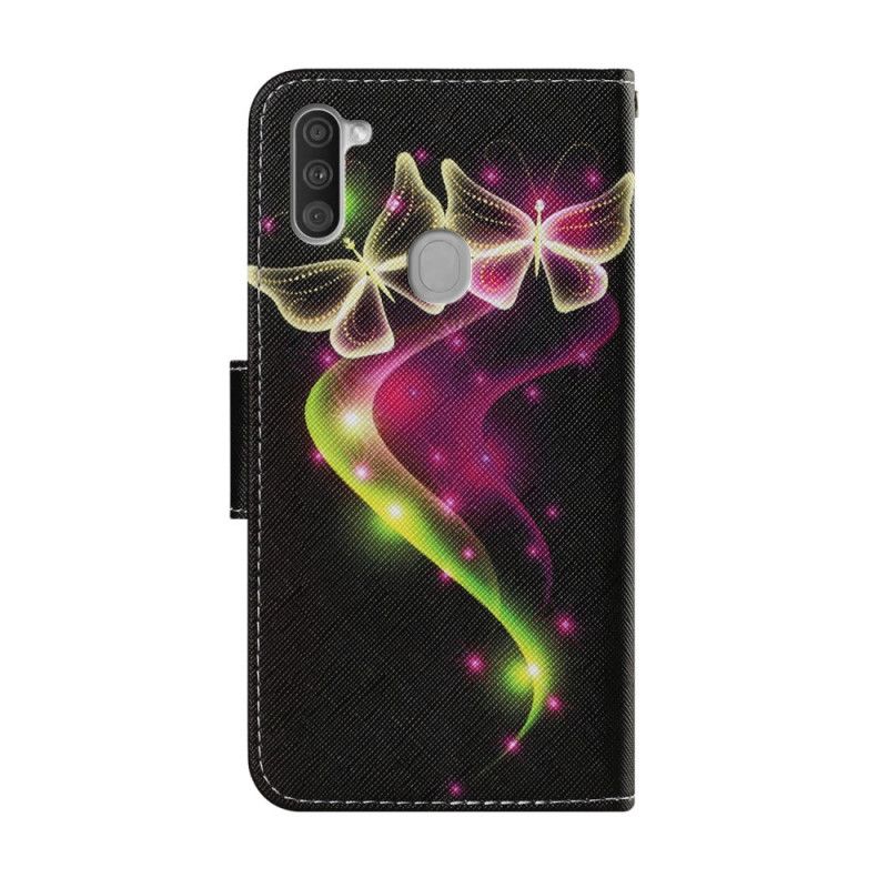 Leren Hoesje Samsung Galaxy M11 Lichtblauw Magenta Magische Vlinders