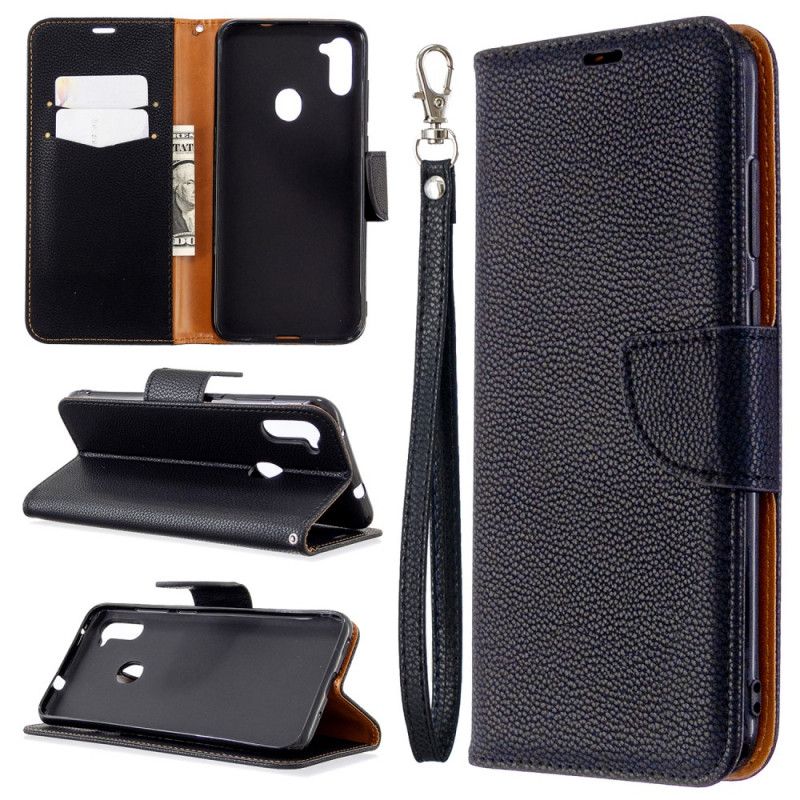 Leren Hoesje Samsung Galaxy M11 Magenta Zwart Lychee Schuine Flap