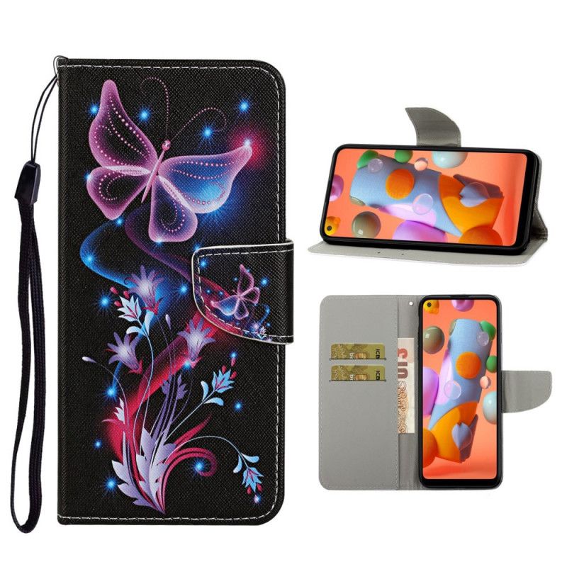 Leren Hoesje Samsung Galaxy M11 Wit Zwart Vlinders En String