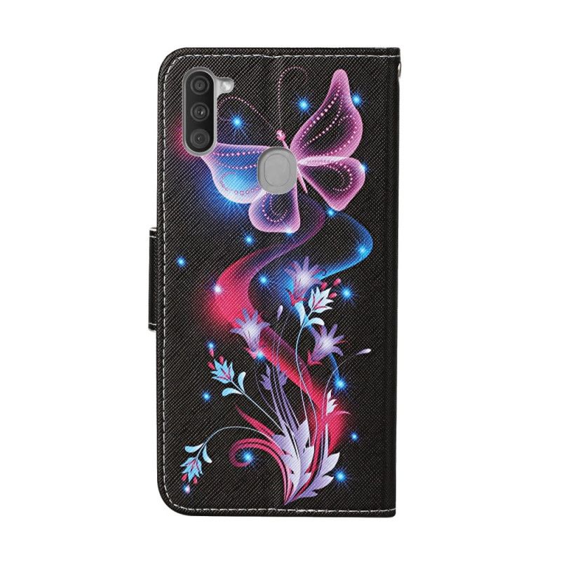 Leren Hoesje Samsung Galaxy M11 Wit Zwart Vlinders En String