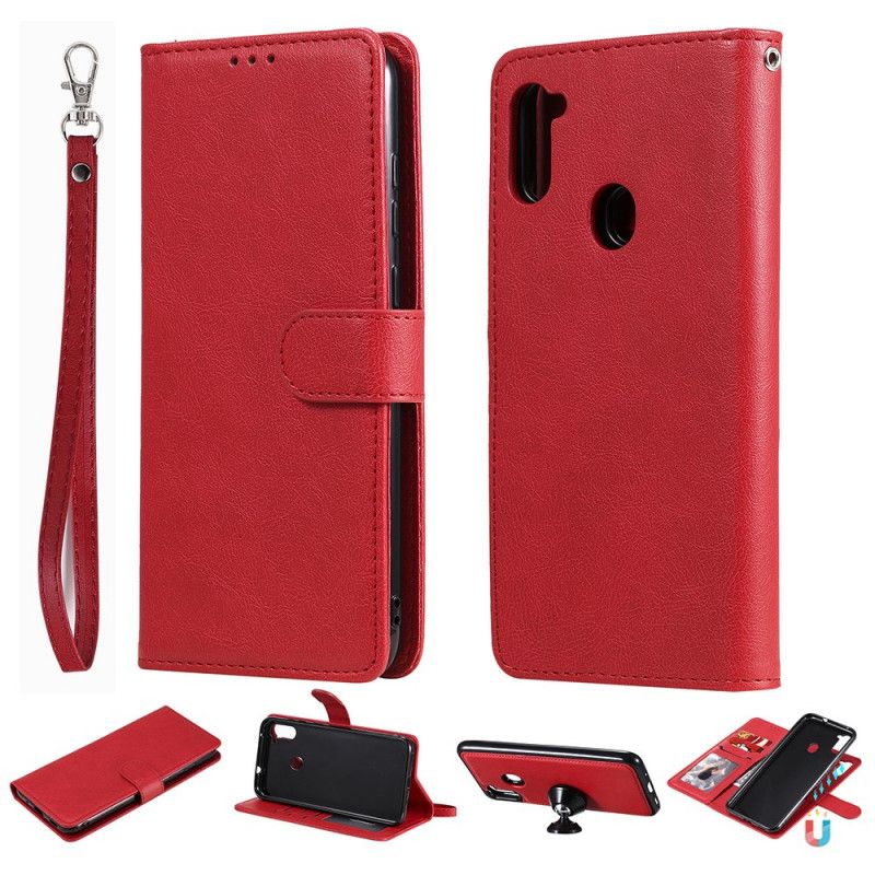 Leren Hoesje voor Samsung Galaxy M11 Rood Zwart Afneembare Schaal En Riem