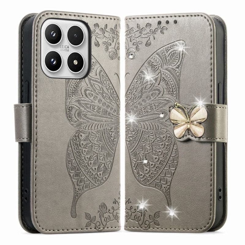 Leren Hoesje Voor Xiaomi 17 3d-vlinder En Strass-steentjes