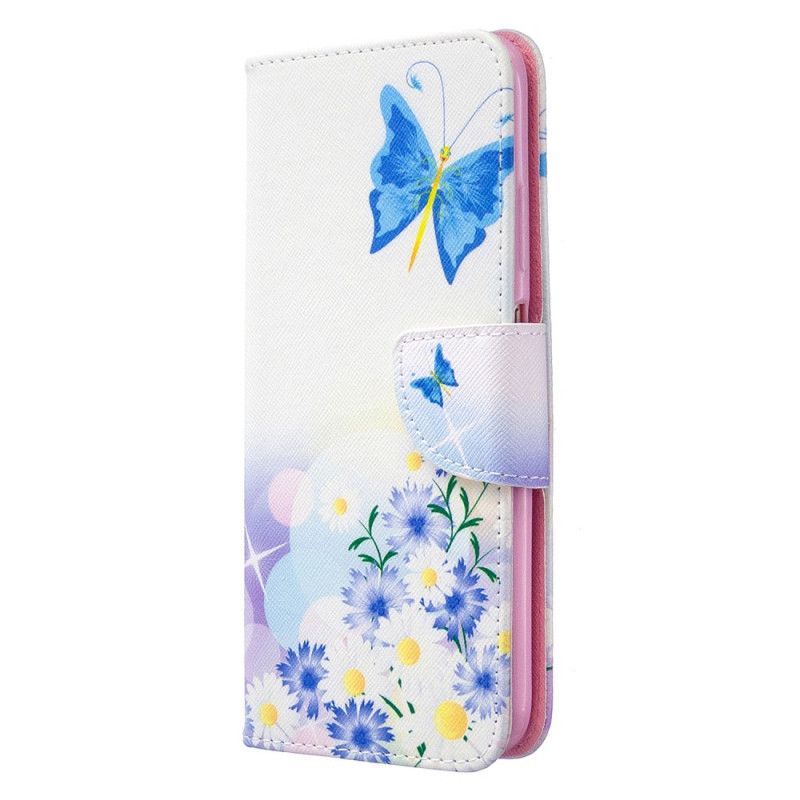 Leren Hoesje Huawei P40 Lite Lichtblauw Magenta Geschilderde Vlinders En Bloemen