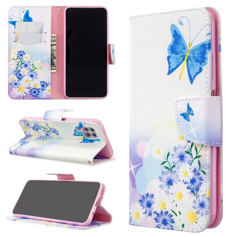 Leren Hoesje Huawei P40 Lite Lichtblauw Magenta Geschilderde Vlinders En Bloemen