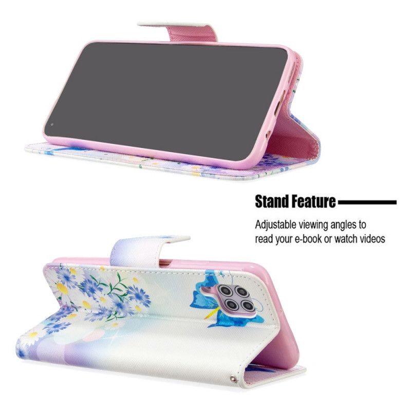 Leren Hoesje Huawei P40 Lite Lichtblauw Magenta Geschilderde Vlinders En Bloemen