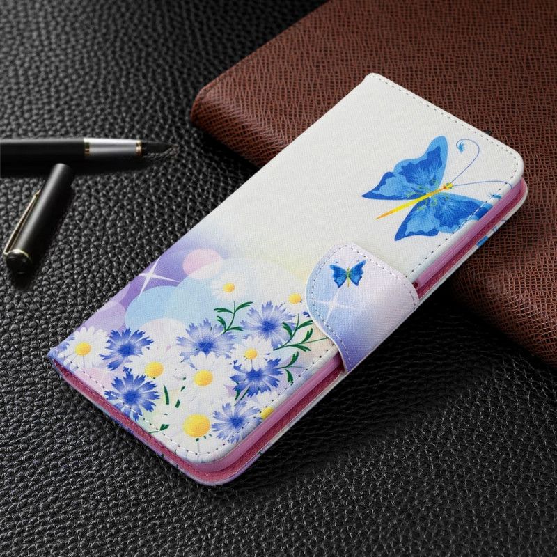 Leren Hoesje Huawei P40 Lite Lichtblauw Magenta Geschilderde Vlinders En Bloemen