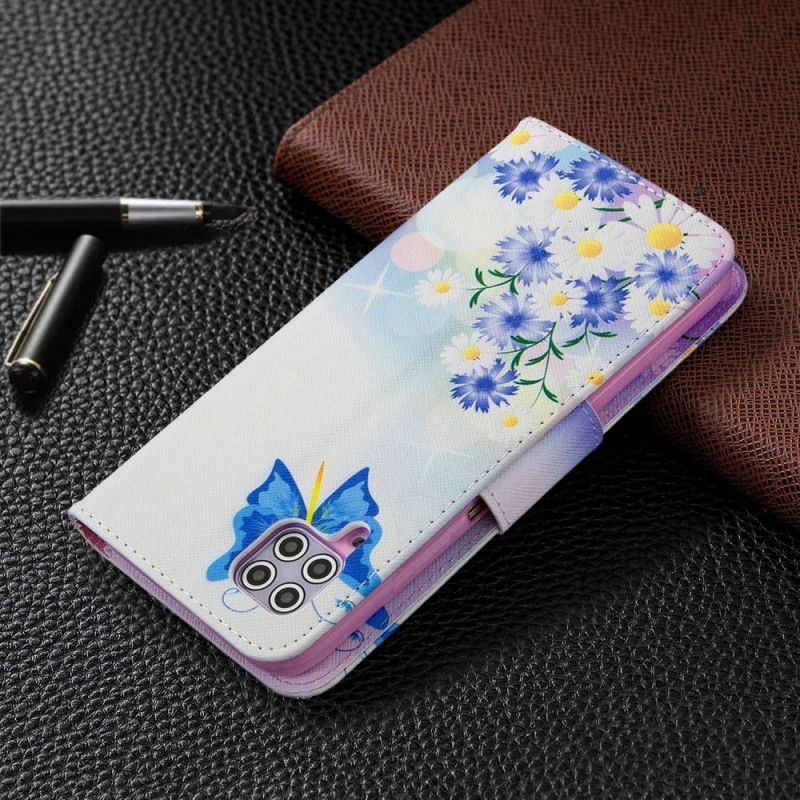 Leren Hoesje Huawei P40 Lite Lichtblauw Magenta Geschilderde Vlinders En Bloemen
