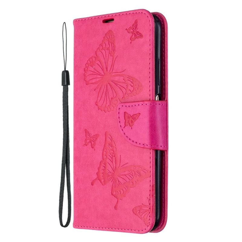 Leren Hoesje Huawei P40 Lite Magenta Grijs Bedrukte Lanyard Vlinders