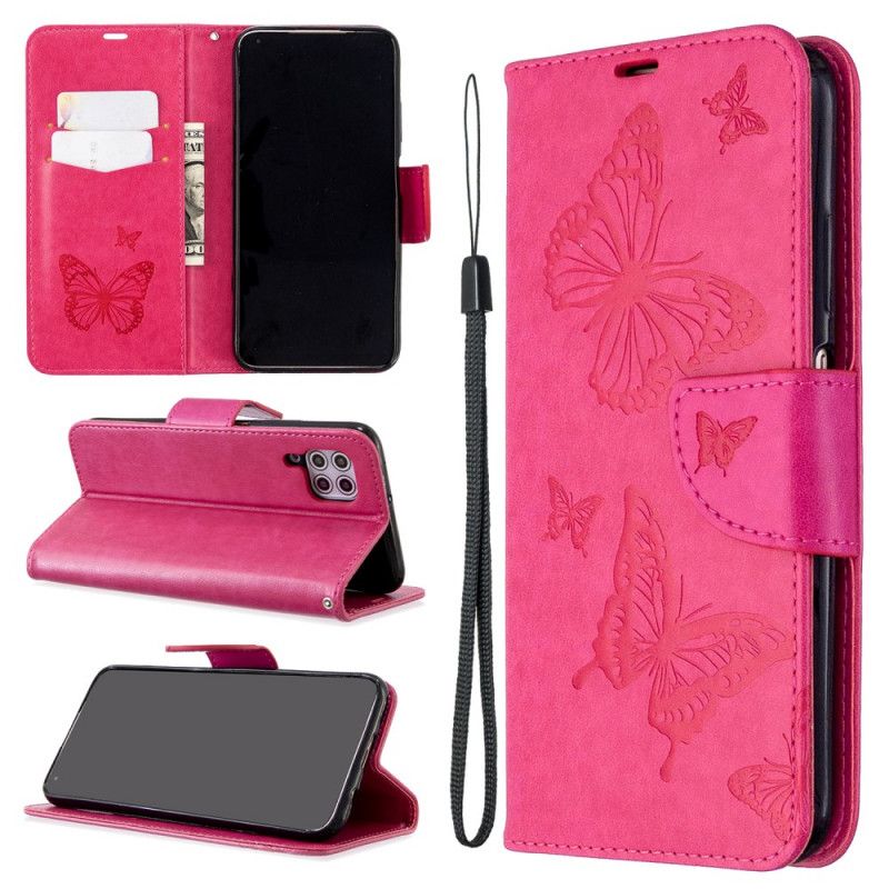 Leren Hoesje Huawei P40 Lite Magenta Grijs Bedrukte Lanyard Vlinders