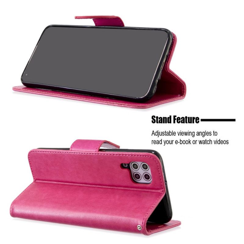 Leren Hoesje Huawei P40 Lite Magenta Grijs Bedrukte Lanyard Vlinders