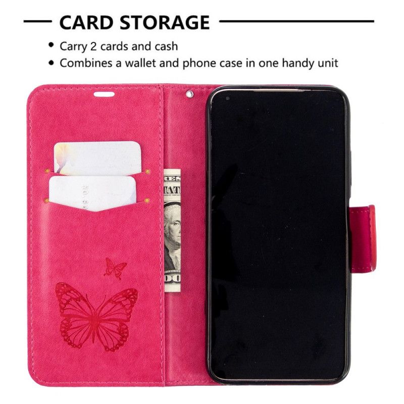 Leren Hoesje Huawei P40 Lite Magenta Grijs Bedrukte Lanyard Vlinders