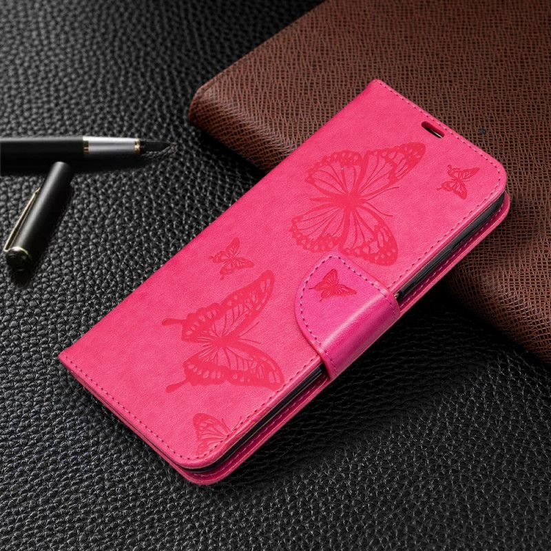 Leren Hoesje Huawei P40 Lite Magenta Grijs Bedrukte Lanyard Vlinders