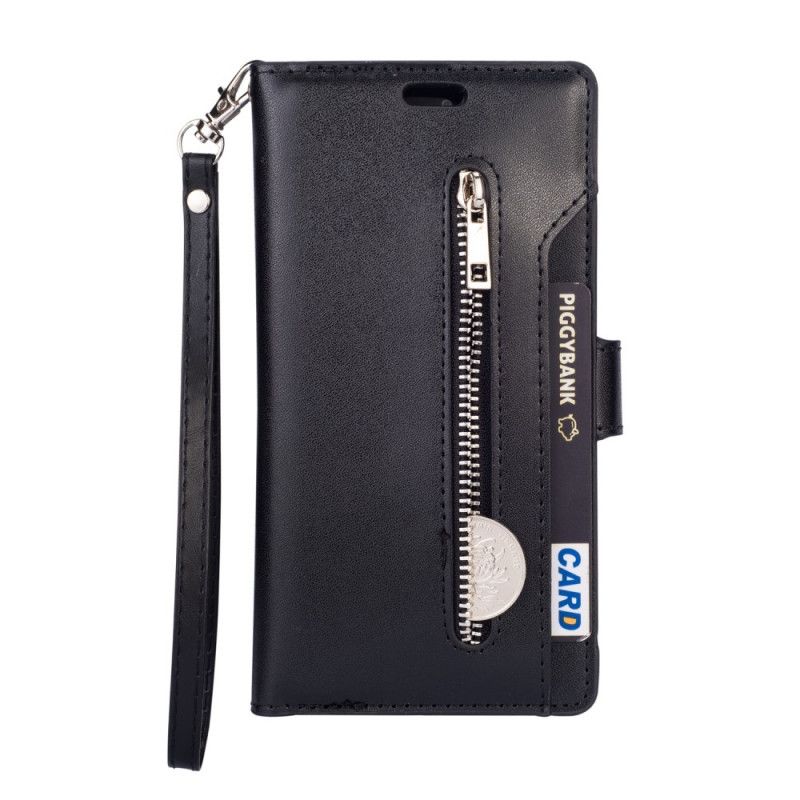 Leren Hoesje Huawei P40 Lite Magenta Zwart Portemonnee Met Lanyard