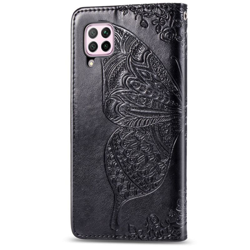 Leren Hoesje Huawei P40 Lite Paars Lichtblauw Halve Vlinders