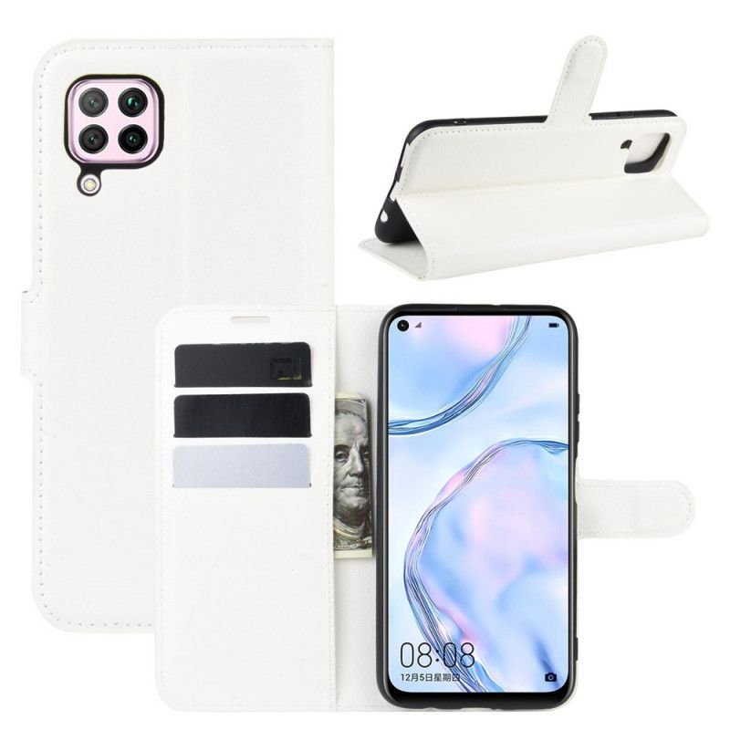 Leren Hoesje Huawei P40 Lite Wit Zwart Klassiek Lychee Kunstleer