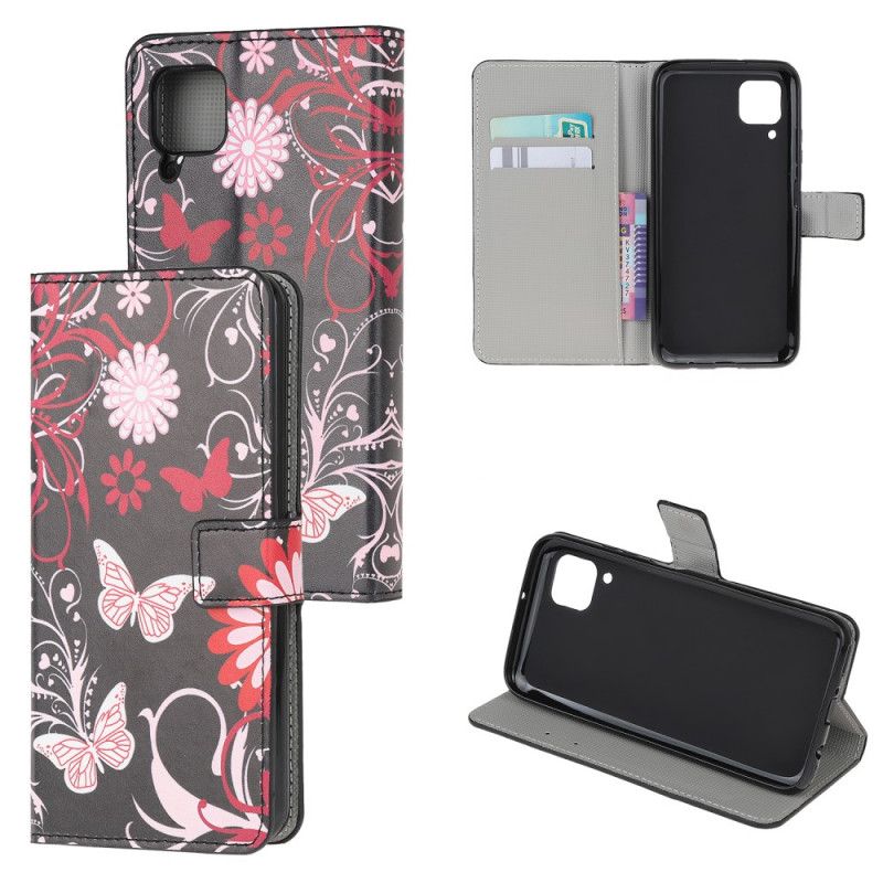 Leren Hoesje Huawei P40 Lite Wit Zwart Vlinders En Bloemen