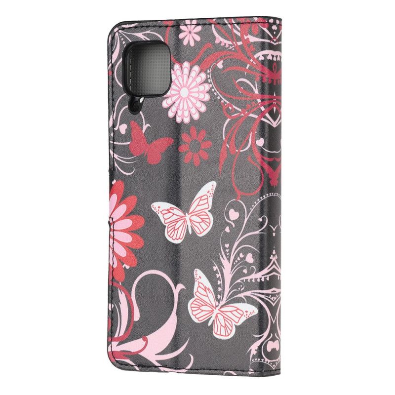 Leren Hoesje Huawei P40 Lite Wit Zwart Vlinders En Bloemen