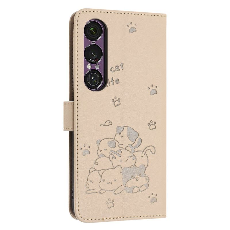 Flip Case Leren Sony Xperia 1 Vii Cartoonkatten Met Bandjes