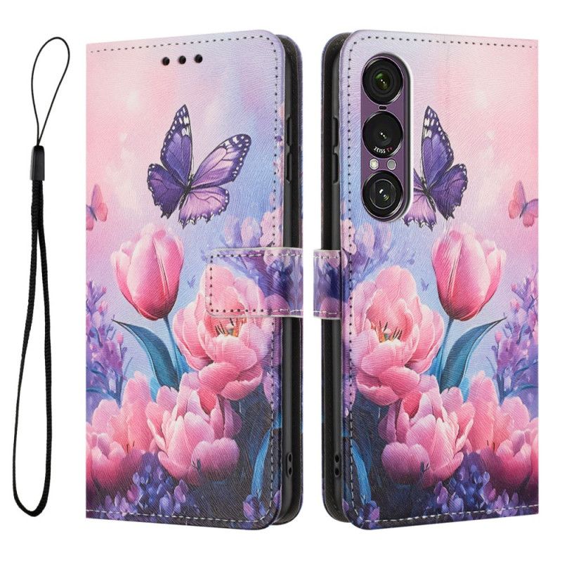Folio-hoesje Sony Xperia 1 Vii Bloemen- En Vlinderpatroon