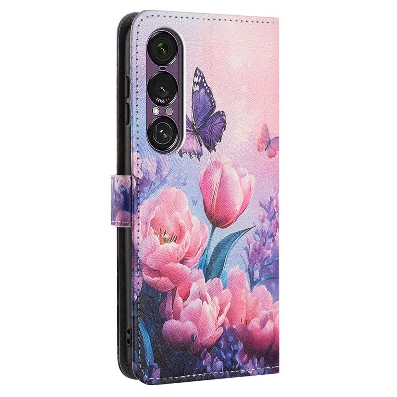 Folio-hoesje Sony Xperia 1 Vii Bloemen- En Vlinderpatroon