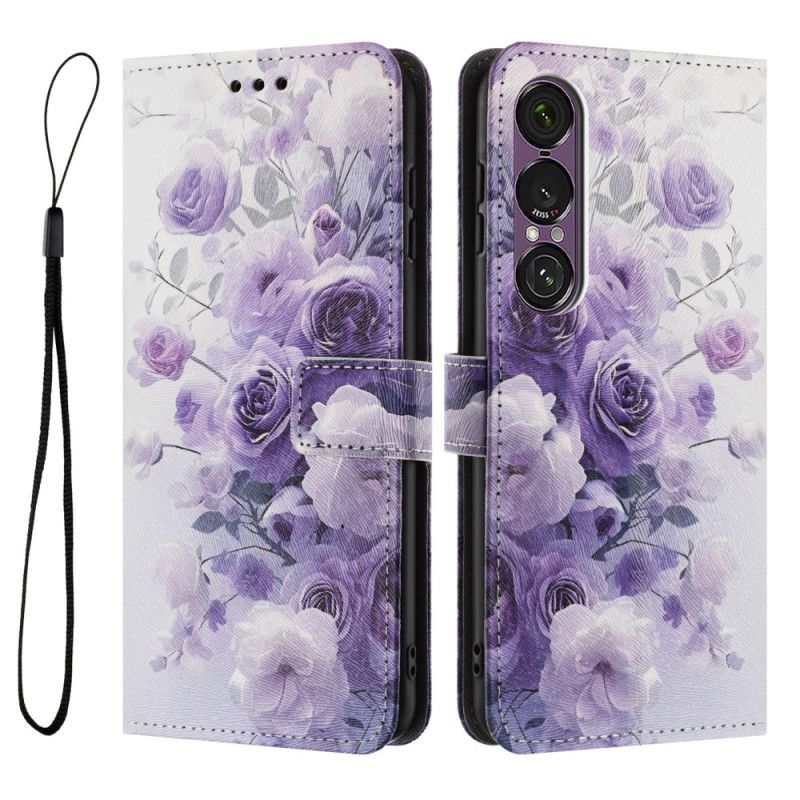 Leren Hoesje Sony Xperia 1 Vii Paarse Rozen Bescherming Hoesje