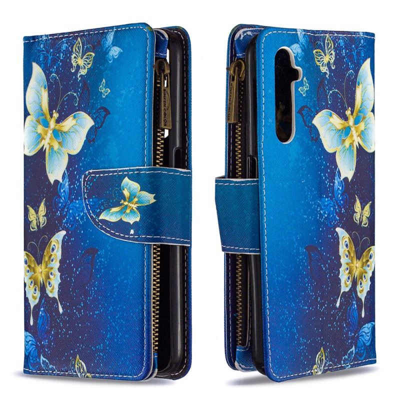 Flip Case Leren Realme 6 Lichtblauw Donkerblauw Zak Met Ritssluiting Met Gouden Vlinders