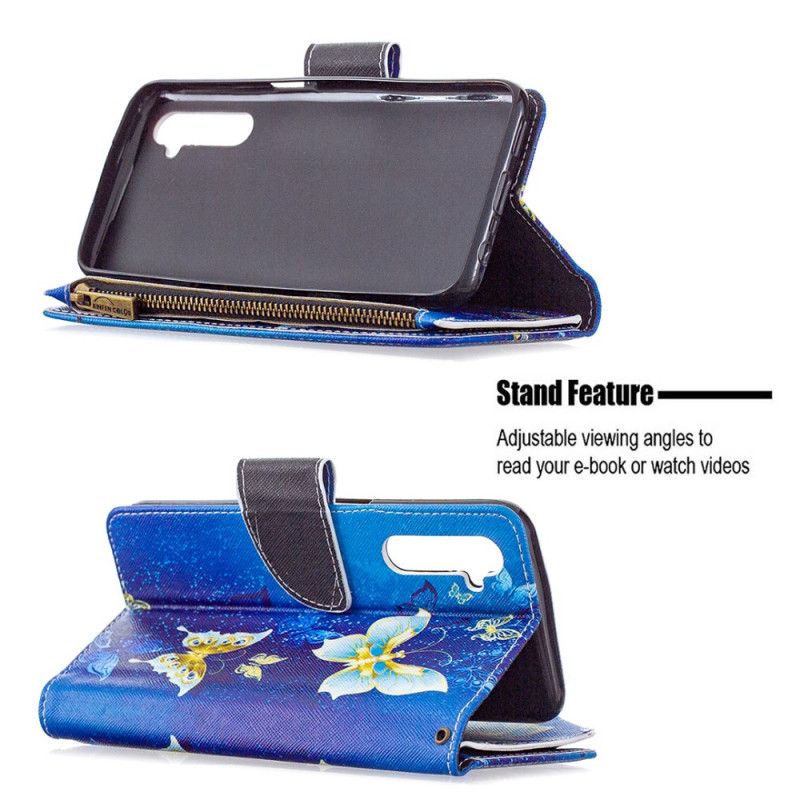 Flip Case Leren Realme 6 Lichtblauw Donkerblauw Zak Met Ritssluiting Met Gouden Vlinders