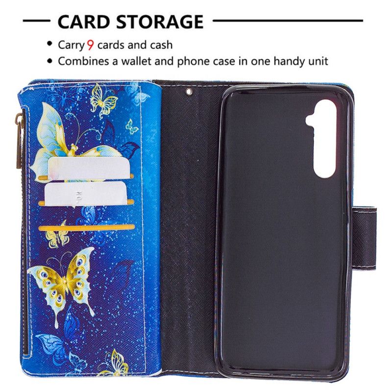 Flip Case Leren Realme 6 Lichtblauw Donkerblauw Zak Met Ritssluiting Met Gouden Vlinders