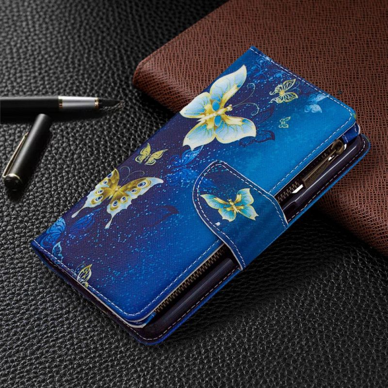 Flip Case Leren Realme 6 Lichtblauw Donkerblauw Zak Met Ritssluiting Met Gouden Vlinders