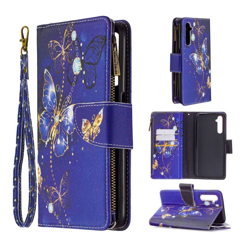 Flip Case Leren Realme 6 Lichtblauw Donkerblauw Zak Met Ritssluiting Met Gouden Vlinders