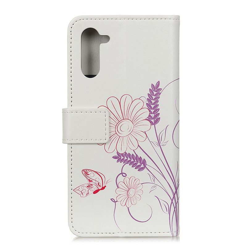 Flip Case Leren Realme 6 Vlinders En Bloemen Tekenen