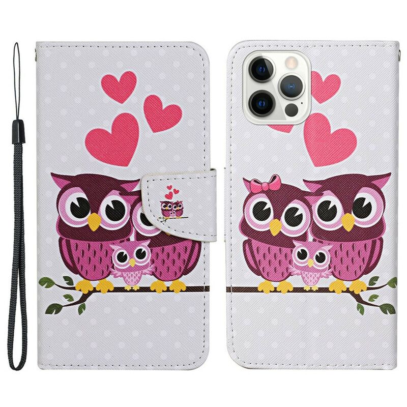 Flip Case Leren iPhone 13 Pro Uil Familie Met Lanyard