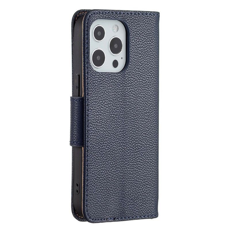 Folio-hoesje iPhone 13 Pro Gekleurd Lychee Leereffect Met Riem