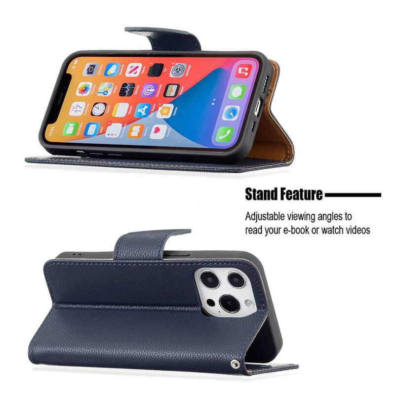 Folio-hoesje iPhone 13 Pro Gekleurd Lychee Leereffect Met Riem