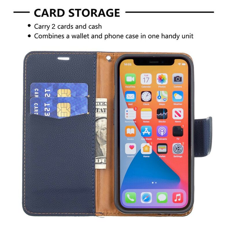 Folio-hoesje iPhone 13 Pro Gekleurd Lychee Leereffect Met Riem