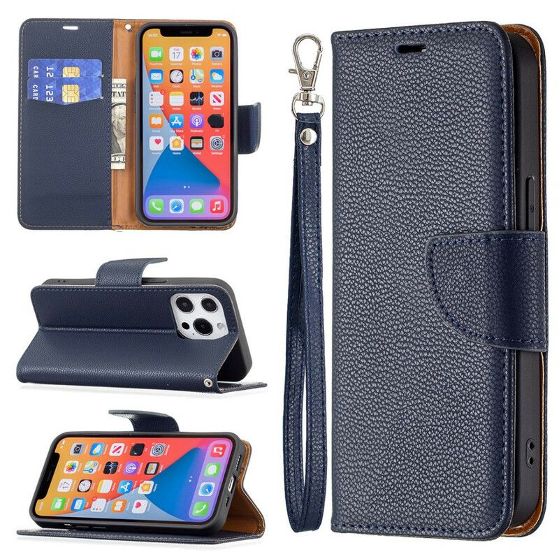 Folio-hoesje iPhone 13 Pro Gekleurd Lychee Leereffect Met Riem