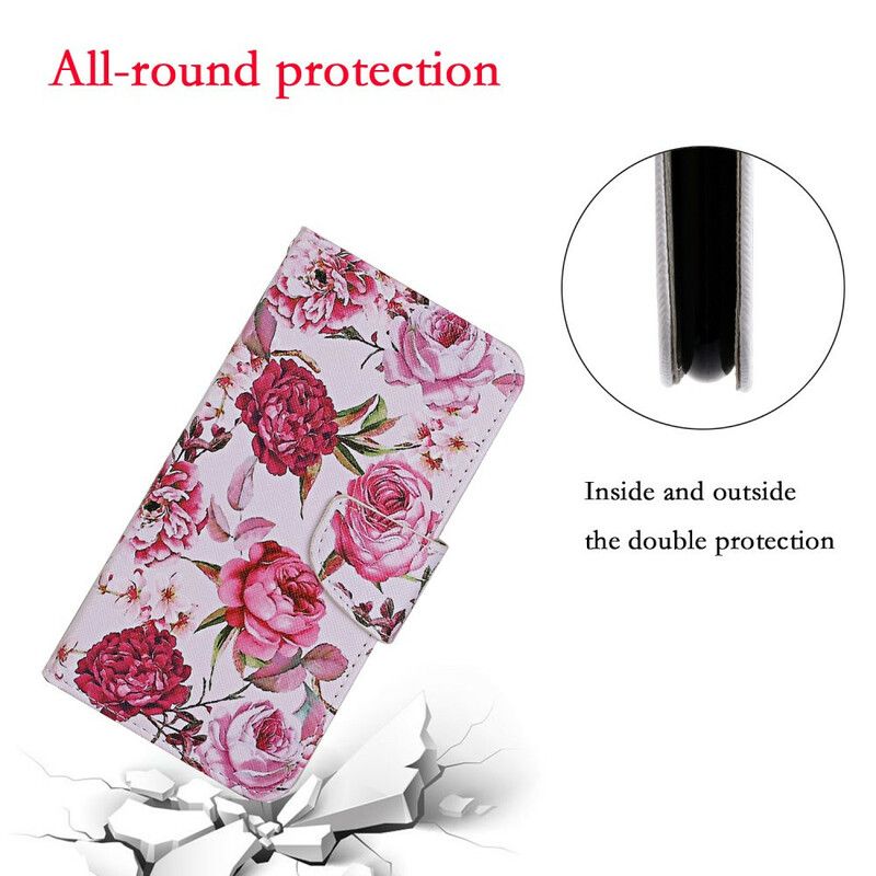 Leren Hoesje iPhone 13 Pro Meesterlijke Bloemen Met Riem Bescherming Hoesje