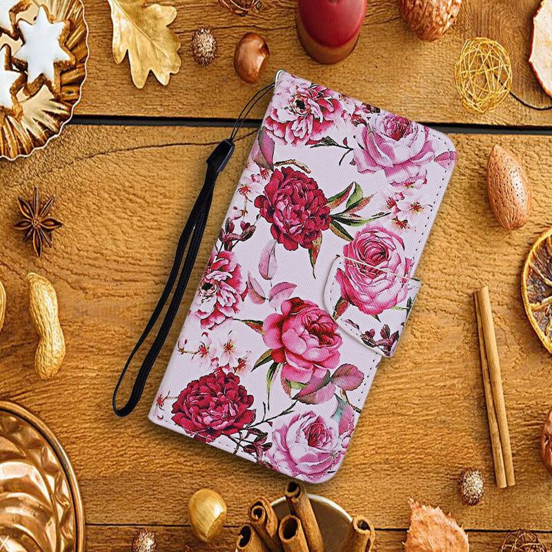 Leren Hoesje iPhone 13 Pro Meesterlijke Bloemen Met Riem Bescherming Hoesje