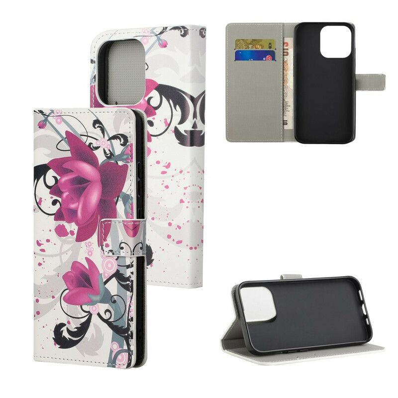 Leren Hoesje iPhone 13 Pro Tropische Bloemen Bescherming Hoesje