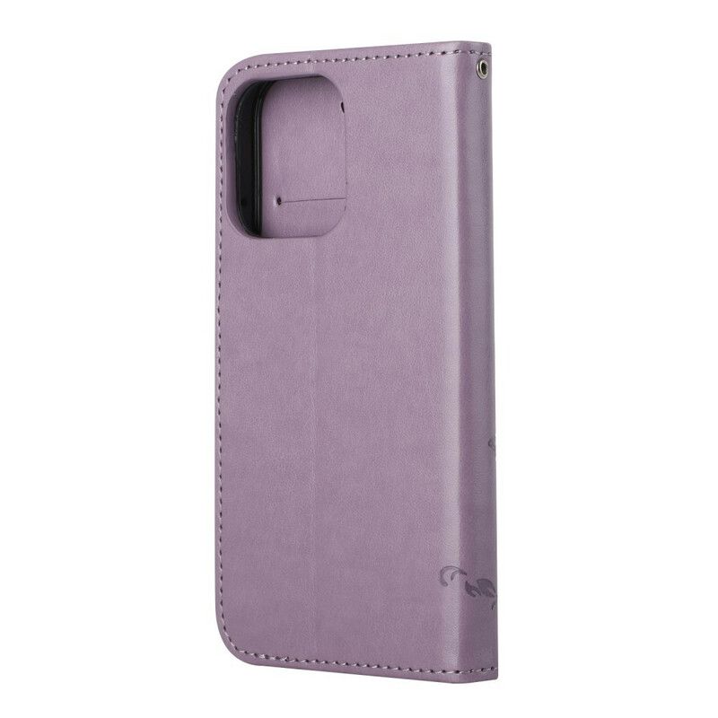 Leren Hoesje iPhone 13 Pro Vlinders En Bloemen Strappy Bescherming Hoesje