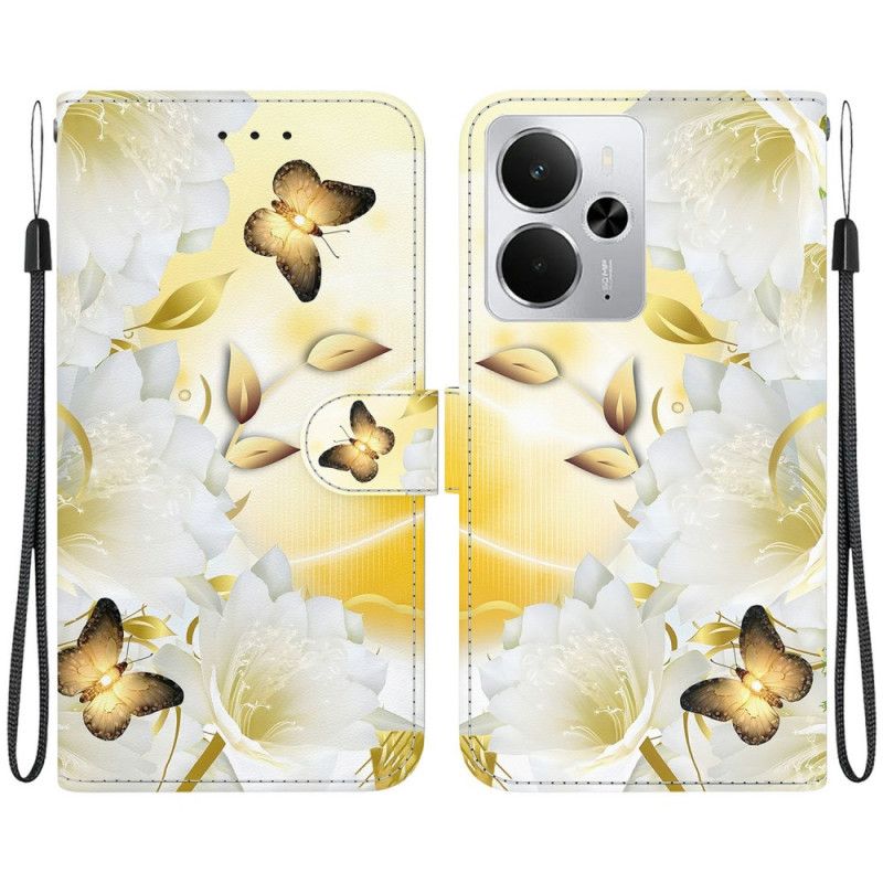 Folio-hoesje Realme 14 5g Telefoonhoesje Gouden Vlinders En Witte Bloemen