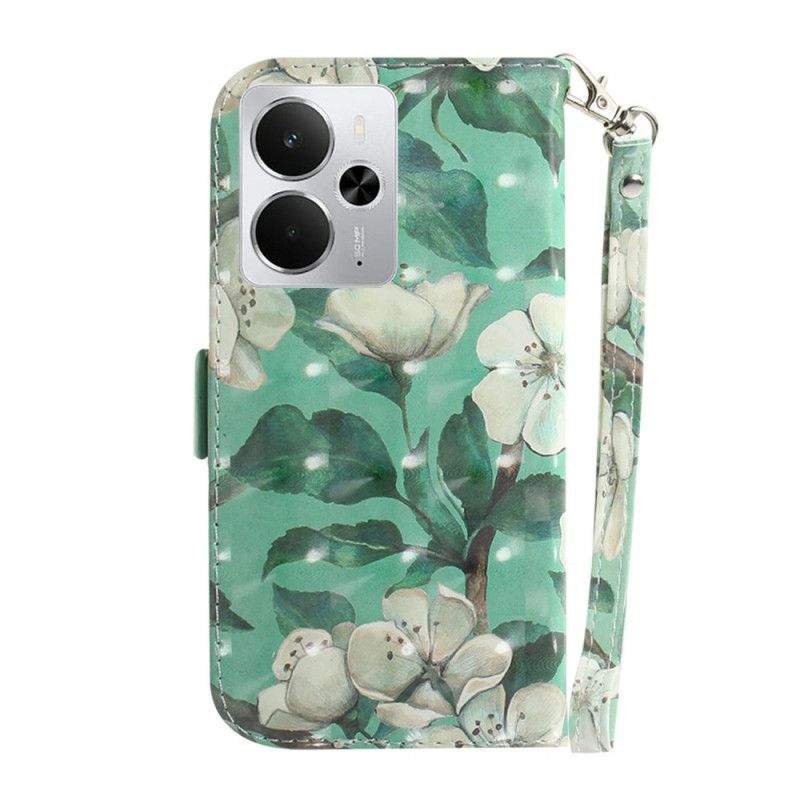 Leren Hoesje Voor Realme 14 5g Witte Bloemen Met Sleutelkoord