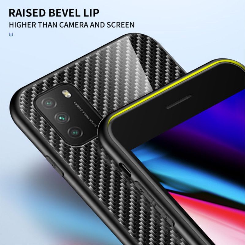 Hoesje Xiaomi Poco M3 Magenta Zwart Koolstofvezel Gehard Glas
