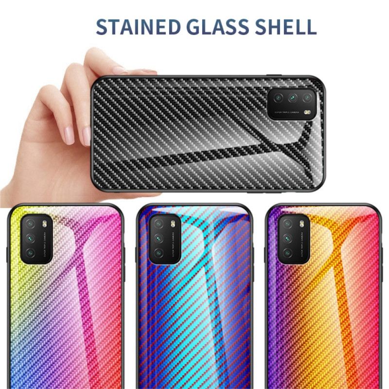 Hoesje Xiaomi Poco M3 Magenta Zwart Koolstofvezel Gehard Glas