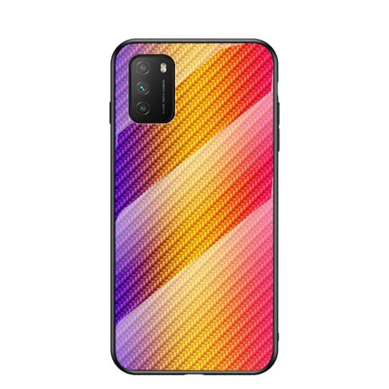 Hoesje Xiaomi Poco M3 Magenta Zwart Koolstofvezel Gehard Glas
