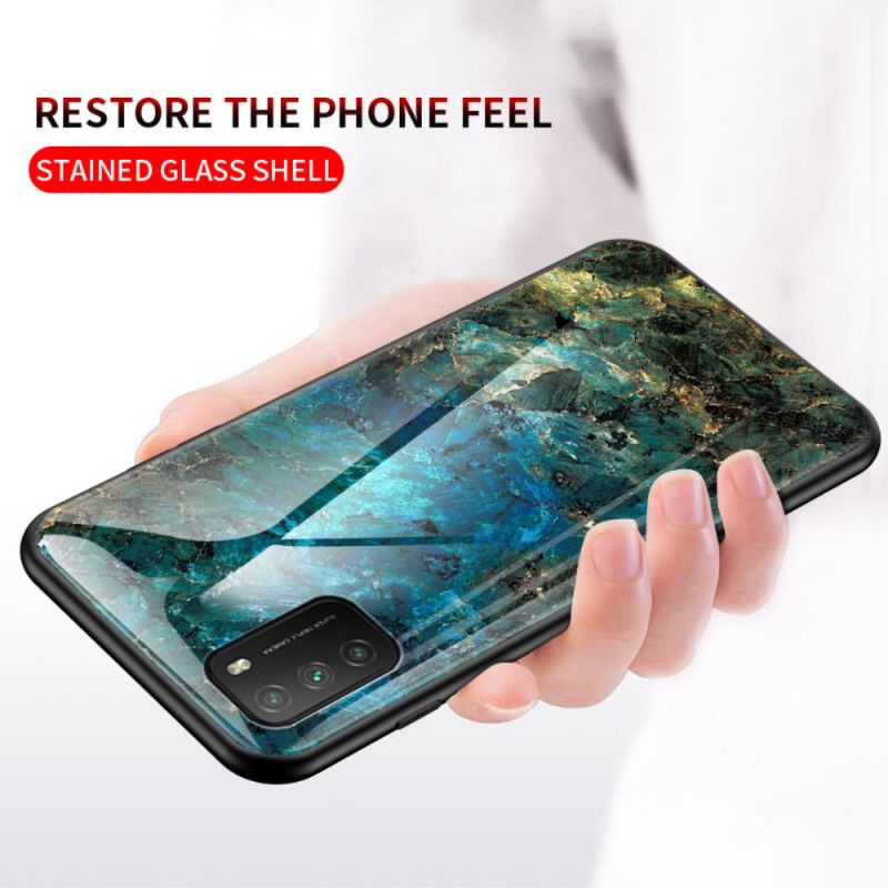 Hoesje Xiaomi Poco M3 Wit Zwart Marmeren Kleuren Gehard Glas
