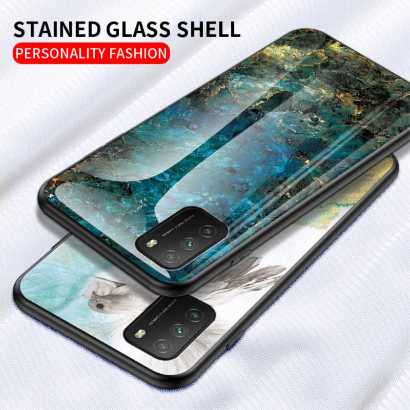 Hoesje Xiaomi Poco M3 Wit Zwart Marmeren Kleuren Gehard Glas